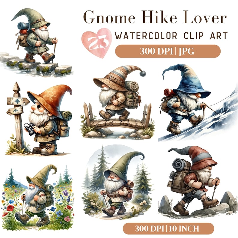 Hiking Gnome Watercolor Clipart: Adventure Gnomes (JPG) - Etsy