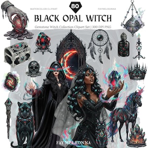 Könnte beinhalten: Aquarell-Clipart-Set mit dem Titel "Black Opal Witch", das mystische Illustrationen zeigt. Das Set enthält eine Hexe, einen schwarzen Panther, ein Einhorn, Kristalle und andere magische Elemente. Die Kunstwerke sind im digitalen Aquarellstil gehalten.