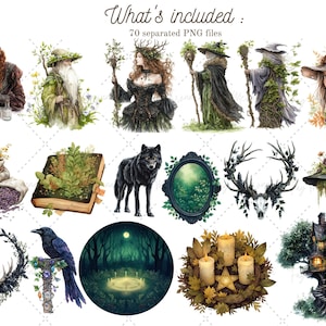 Puede incluir: Una colecci&oacute;n de 70 ilustraciones digitales que presentan una variedad de elementos m&aacute;gicos y caprichosos, incluyendo un lobo, una calavera de ciervo, una bruja, una escena de bosque, un libro, un caldero y una casa en el &aacute;rbol. Las ilustraciones est&aacute;n en un estilo de acuarela y son perfectas para crear arte digital, scrapbooking u otros proyectos creativos.