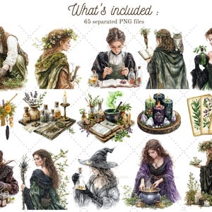 May include: A digital illustration set of 65 watercolor-style images featuring a witchy theme. The images include a variety of elements, such as women with long hair, potions, candles, herbs, and books. The images are in a whimsical style and would be perfect for use in digital scrapbooking, card making, or other creative projects.