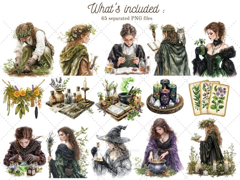 May include: A digital illustration set of 65 watercolor-style images featuring a witchy theme. The images include a variety of elements, such as women with long hair, potions, candles, herbs, and books. The images are in a whimsical style and would be perfect for use in digital scrapbooking, card making, or other creative projects.