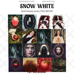 Akvarell Snövit Clipart, Mörk Gotisk Fantasy PNG Bundle, Mörk Saga, Gift Alkemi Häxa, Ond Drottning, Mörk Academia Halloween bild 5