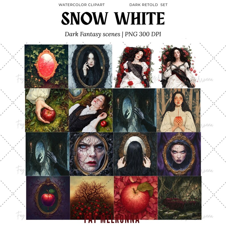 Akvarell Snövit Clipart, Mörk Gotisk Fantasy PNG Bundle, Mörk Saga, Gift Alkemi Häxa, Ond Drottning, Mörk Academia Halloween bild 5