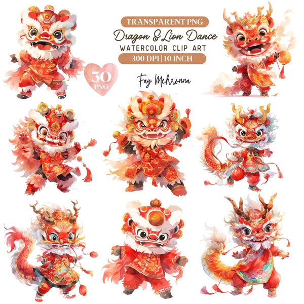 30 Lion & Dragon Dance PNG Clip Art,Chinese New Year Clip art,Dragon Watercolor,Lunar new year png,Festive png,Holiday Clip art,CNY Clipart