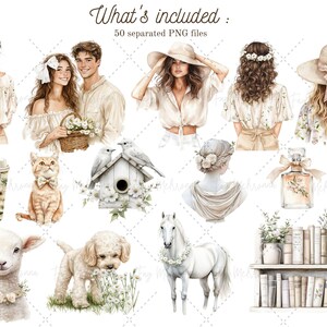 May include: A set of 50 watercolor illustrations featuring a variety of images, including people, animals, plants, and objects. The illustrations are in a soft, pastel color palette and have a whimsical, romantic feel.  The images include a woman with a flower crown, a man with a beard, a cat, a dog, a bird, a horse, a birdhouse, a cup of coffee, a bottle of perfume, a bookshelf, and a lamb.