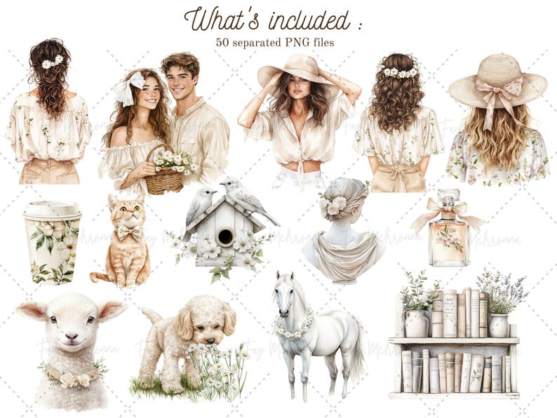 May include: A set of 50 watercolor illustrations featuring a variety of images, including people, animals, plants, and objects. The illustrations are in a soft, pastel color palette and have a whimsical, romantic feel.  The images include a woman with a flower crown, a man with a beard, a cat, a dog, a bird, a horse, a birdhouse, a cup of coffee, a bottle of perfume, a bookshelf, and a lamb.