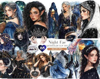 Watercolor Night Fae Darkness Clipart, Gothic Fae, Fantasy Fairy Graphic PNG, Halloween, Elven Sticker, Dark Elf, Dark academia, Night Court