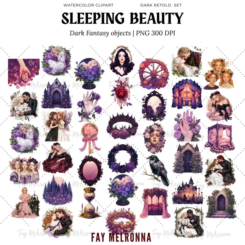 Puede incluir: Conjunto de im&aacute;genes predise&ntilde;adas de acuarela titulado "Sleeping Beauty" con objetos de fantas&iacute;a oscura. La colecci&oacute;n incluye ilustraciones de un cuervo, un castillo, una corona, una rosa, un espejo y parejas, todo en tonos morados, rosas y negros.