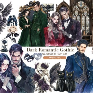 Aquarela Gótico Escuro Romântico Clipart, Dark Academia casal Clip Art, presentes de halloween Gráficos PNG, vampiro Clipart, amor Digital Download
