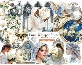 Watercolor Lunar Whisper Muse Girl Clipart, Witch Clip Art, Planner Girl PNG Bundle, Light Gothic Planning, Commercial Use, Digital stickers