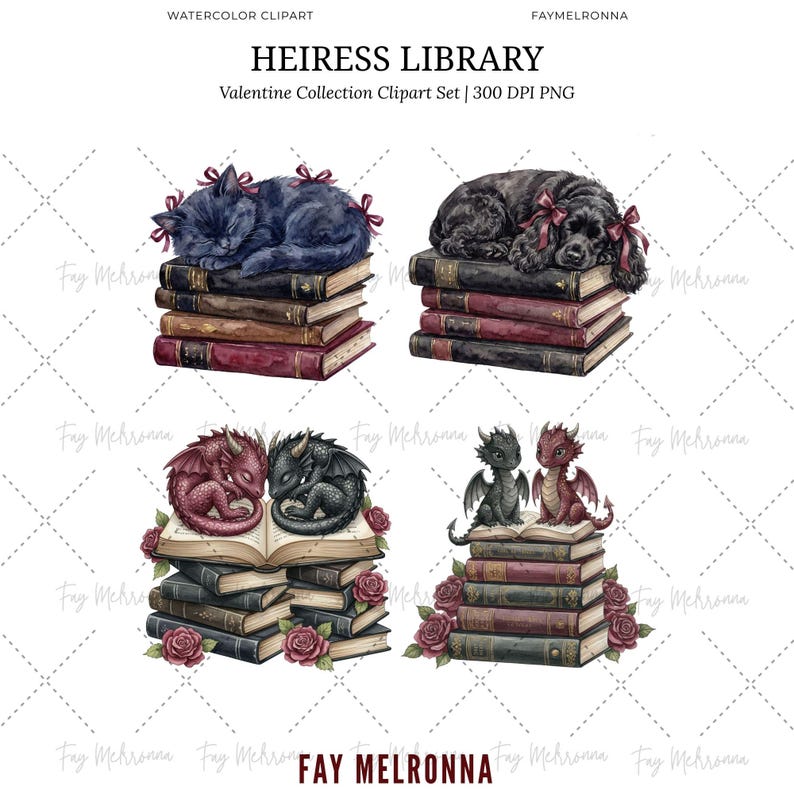 May include: Watercolor clipart set featuring a black cat and a black dog, each adorned with bows, resting atop stacks of books. Also includes illustrations of dragons and roses. The text reads "HEIRESS LIBRARY".