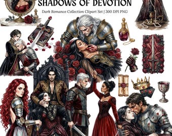 Dark Romance Watercolor Clipart, Gothic Fantasy Couple PNG, Romantasy, Medieval Knight Queen Wedding Sticker, Smutty Book Club, Spicy Lover