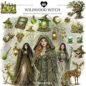 Watercolor Forest Witch Clipart, Gothic Witch PNG, Herbal Apothecary, Moss Green Witch, Halloween, Wicca Sticker, Botanical, Mystical Forest