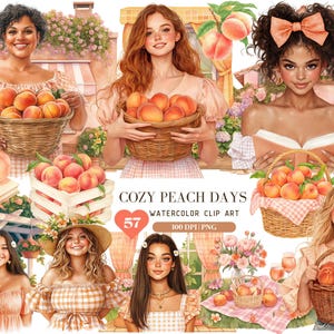 Paquete de imágenes prediseñadas de acuarela "Acogedores días de melocotón", pegatinas de verano estilo cottagecore pastel de Peach Girl, diseño gráfico PNG de postre rústico, descarga digital