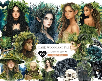 Watercolor Dark Woodland Fae Clipart, Gothic Fairy PNG, forest spirit, Green dark Elf, Halloween, Wicca Sticker, Black Woods,Mystical Forest
