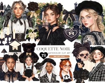 Watercolor Noir Coquette Clipart, Black Coquette Witch Clip Art, Gothic Girl PNG Bundle, Dark academia, Commercial Use, Digital stickers