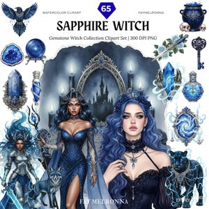 May include: A digital watercolor clipart set titled "Sapphire Witch" featuring illustrations of witches, crystals, and mystical objects in shades of blue. The set includes a raven, a panther, and a wolf. Text on the image reads "Gemstone Witch Collection Clipart Set | 300 DPI PNG".