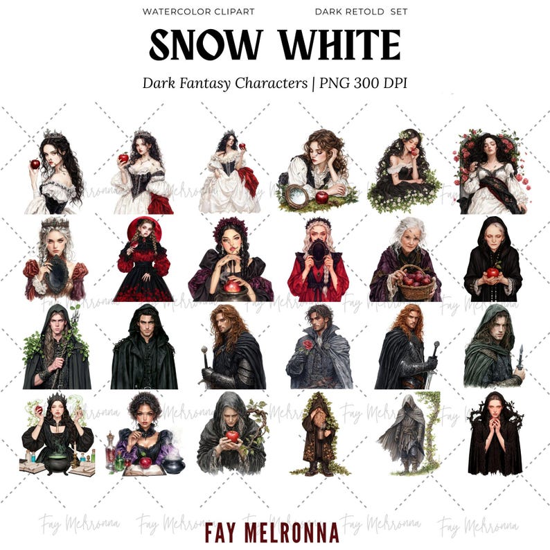 Akvarell Snövit Clipart, Mörk Gotisk Fantasy PNG Bundle, Mörk Saga, Gift Alkemi Häxa, Ond Drottning, Mörk Academia Halloween bild 3