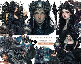 Watercolor Obsidian Sea Witch Darkness Clipart, Gothic Mermaid Witch Gemstone PNG, Black Queen Graphic PNG, Halloween Clipart, Wicca Sticker