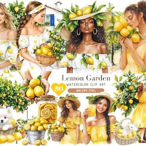 Clipart di giardino di limoni ad acquerello, Clipart estivo, Clipart di cottagecore, Clipart di frutta, Clipart di ragazza ad acquerello, PNG di primavera, Download digitale