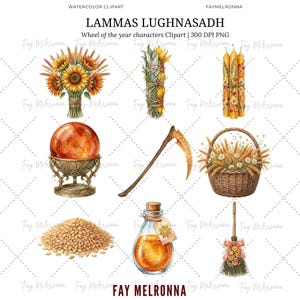 May include: Watercolor clipart featuring Lammas Lughnasadh elements. Includes a bouquet of sunflowers, a bundle of herbs, candles, a crystal ball, a scythe, a basket of wheat, a pile of grains, a bottle of oil, and a broom. Text: "LAMMAS LUGHNASADH".