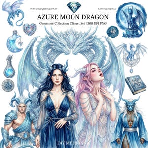 Clip art de dragón de piedra lunar azul en acuarela, diosa lunar celestial PNG, guerrero mítico, pegatina de magia lunar azul Wicca para diario de brujas