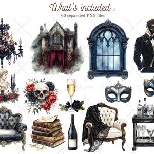 May include: A set of 60 watercolour illustrations featuring a gothic theme. The illustrations include a chandelier, a skull, a masquerade mask, a vintage sofa, a window, a bottle of wine, a bar cart, and a couple in masquerade attire.