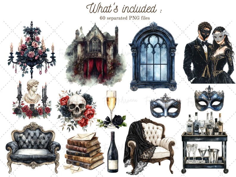 May include: A set of 60 watercolour illustrations featuring a gothic theme. The illustrations include a chandelier, a skull, a masquerade mask, a vintage sofa, a window, a bottle of wine, a bar cart, and a couple in masquerade attire.