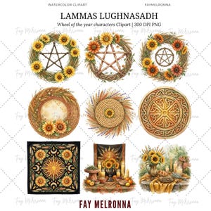 May include: Watercolor clipart featuring various circular designs with sunflowers, wheat, and pentagrams. The designs include wreaths, a woven circle, and a Celtic knot pattern. The text "LAMMAS LUGHNASADH" and "Wheel of the year characters Clipart" are visible.