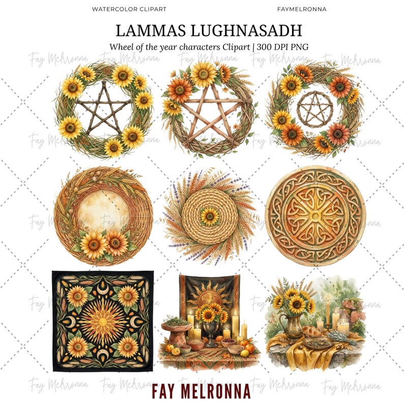 May include: Watercolor clipart featuring various circular designs with sunflowers, wheat, and pentagrams. The designs include wreaths, a woven circle, and a Celtic knot pattern. The text "LAMMAS LUGHNASADH" and "Wheel of the year characters Clipart" are visible.
