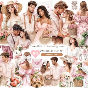 Pakiet akwarelowych walentynek, romantyczny clipart PNG, XOXO, Cottage Spring Love Couple, Clipart balonowy, cyfrowe naklejki do pobrania