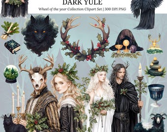 May include: Watercolor clipart set titled "Dark Yule" featuring various mystical and winter-themed illustrations. Includes figures with antlers, wreaths, a black wolf, a black ram, and text that reads "Dark Yule".