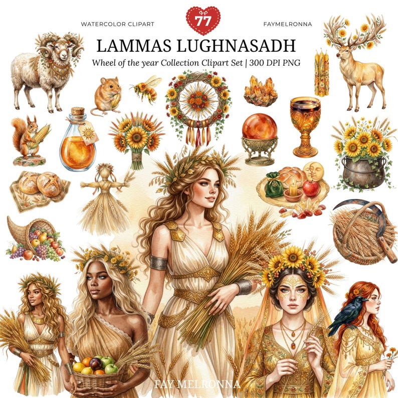 May include: Watercolor clipart set featuring illustrations of a ram, squirrel, bee, sunflowers, dreamcatcher, deer, chalice, and women. The text "LAMMAS LUGHNASADH" and "Wheel of the year Collection Clipart Set" are visible.