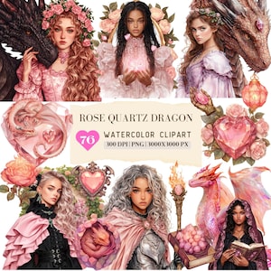 Aquarelle Quartz Rose Dragon Clipart, clipart sorcière gothique, déesse rose Queen Fae Graphics PNG, mois de naissance de pierres précieuses, téléchargement numérique