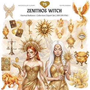 Puede incluir: Conjunto de imágenes prediseñadas de acuarela "Zenithos Witch" con dos mujeres en oro, accesorios dorados, un fénix y un zorro. El conjunto incluye una cara de sol, libros, llaves y elementos místicos. El texto dice "Eternal Radiance Collection Clipart Set | 300 DPI PNG".
