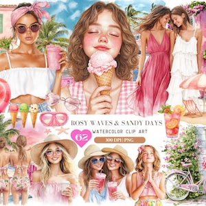 Clipart di giorni sabbiosi con onde rosate ad acquerello, ClipArt estiva rosa, Adesivi da spiaggia divertenti per amiche PNG, Clipart di vacanze, Diario spazzatura