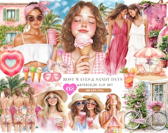 Imágenes prediseñadas de olas rosadas en acuarela y días de arena, imágenes prediseñadas de verano rosa, pegatinas divertidas de playa para amigas en formato PNG, imágenes prediseñadas de vacaciones, diario creativo
