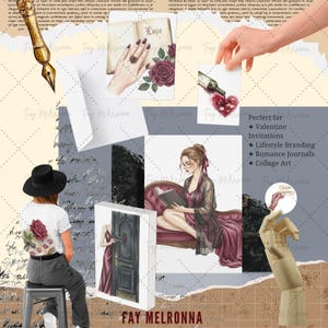 May include: A collage featuring illustrations and artwork. Includes a woman reading, a hand holding a card with a wine heart, and a hand with a ring. Text includes "Love" and "FAY MELRONNA". The collage is perfect for Valentine invitations.