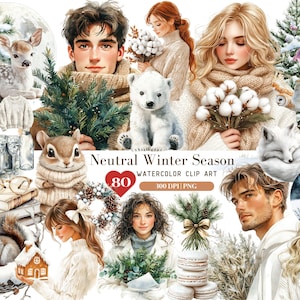 Clipart de Natal em aquarela, Clip Art de Natal Branco Neutro Aconchegante, Presentes de Natal Gráficos PNG, Clipart de Férias, Imagens de Natal, Download Digital