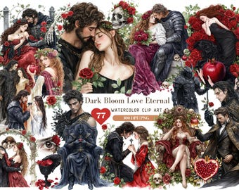 Akvarell mörk blom kärlek evig Clipart, grekiska gudar kärlek par Clip Art, halloween valentin PNG, gotisk Clipart, kärlek digital nedladdning