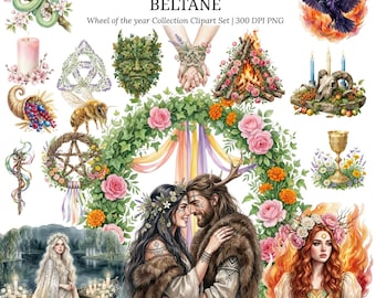 Clipart espiritual de Beltane en acuarela, clip art de bruja pagana, diosa hada reina graphicPNG, clipart de Wicca, celta neopagano wiccan, brujería