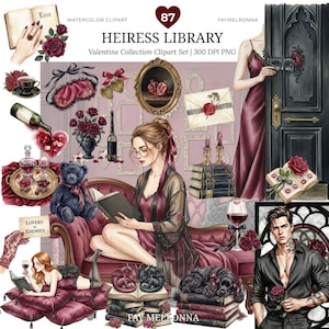 May include: Watercolor clipart set titled "Heiress Library" featuring a woman reading, roses, books, wine, and other romantic elements. The image includes the text "Love" and "Lovers to Enemies". The color palette is dominated by burgundy, black, and gold.