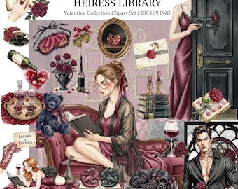 Clipart de acuarela de la biblioteca de la heredera / Lector de romance oscuro PNG libresco / San Valentín con dinero antiguo / Moralmente gris / Club de lectura obsceno / Amante picante