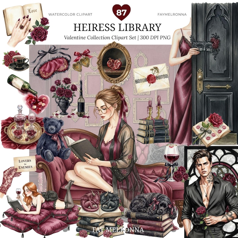 May include: Watercolor clipart set titled "Heiress Library" featuring a woman reading, roses, books, wine, and other romantic elements. The image includes the text "Love" and "Lovers to Enemies". The color palette is dominated by burgundy, black, and gold.