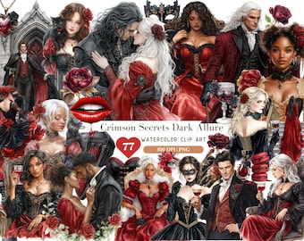 Acuarela Crimson Secrets Dark Allure Clipart, Clip Art de pareja de amor vampiro, PNG de San Valentín de Halloween, Clipart gótico, descarga digital de amor