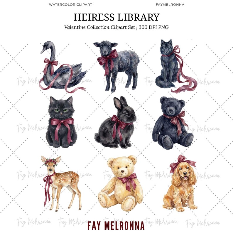 May include: Watercolor clipart set featuring various animals, including a swan, lamb, wolf, cat, rabbit, bear, deer, and dog, each adorned with a burgundy ribbon. The text "HEIRESS LIBRARY" and "Valentine Collection Clipart Set" are also visible.