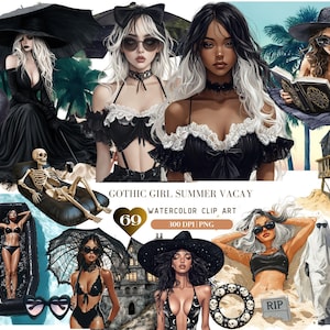 Aquarelle gothique fille été vacances des cliparts, noir été PNG, gothique fille sombre amusant plage autocollant PNG, vacances vacances Clipart, Junk Journal
