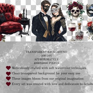 May include: A digital illustration set featuring a couple in masquerade attire, a skull with roses, a masquerade mask, and a vintage armchair. The illustrations are painted in a watercolour style with a transparent background.