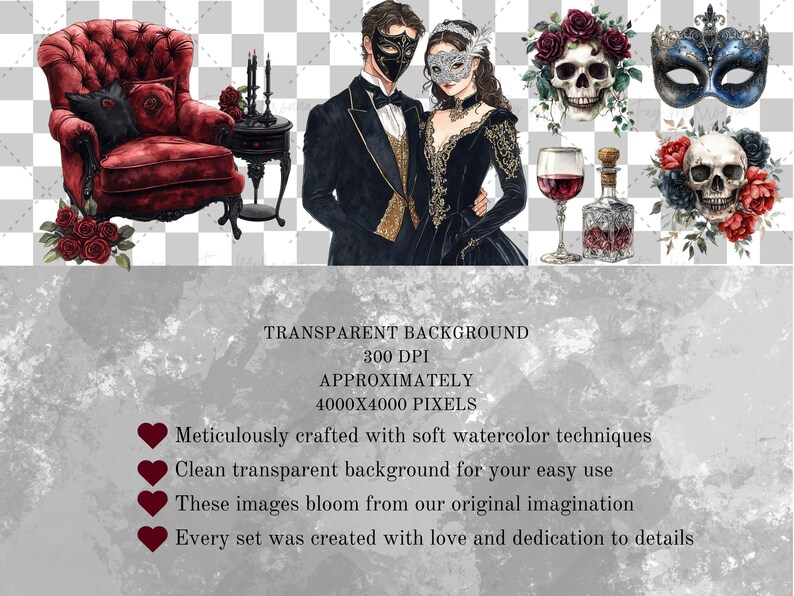May include: A digital illustration set featuring a couple in masquerade attire, a skull with roses, a masquerade mask, and a vintage armchair. The illustrations are painted in a watercolour style with a transparent background.