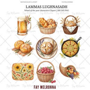 May include: Watercolor clipart depicting Lammas Lughnasadh symbols. The image shows a pint of beer, baskets of bread, a loaf of bread on a plate, a cast iron pan with a decorated dish, a basket of raspberries, and a cornucopia filled with fruits and vegetables.